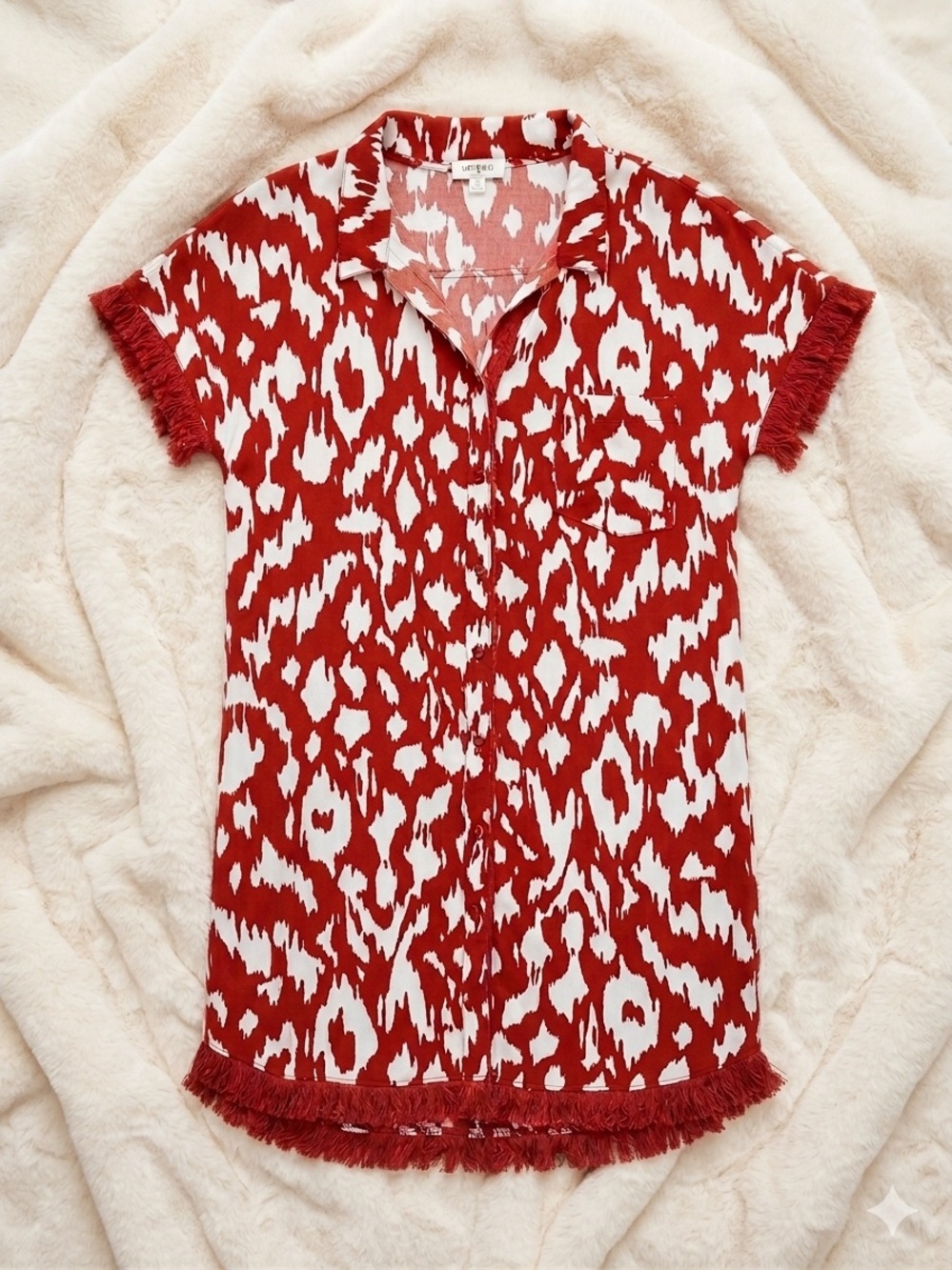 Umgee Maroon & White Ikat Print Button-Up Tunic Dress - Size Small